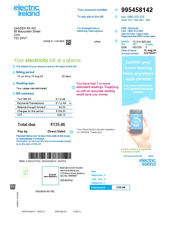 IRELAND ELECTRIC IRELAND business utility bill Word and PDF template PSD template